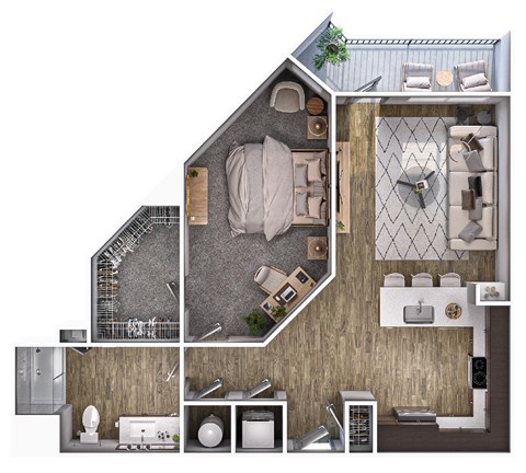 Floor plan for 1 bed, 1 bath, 797 sqft